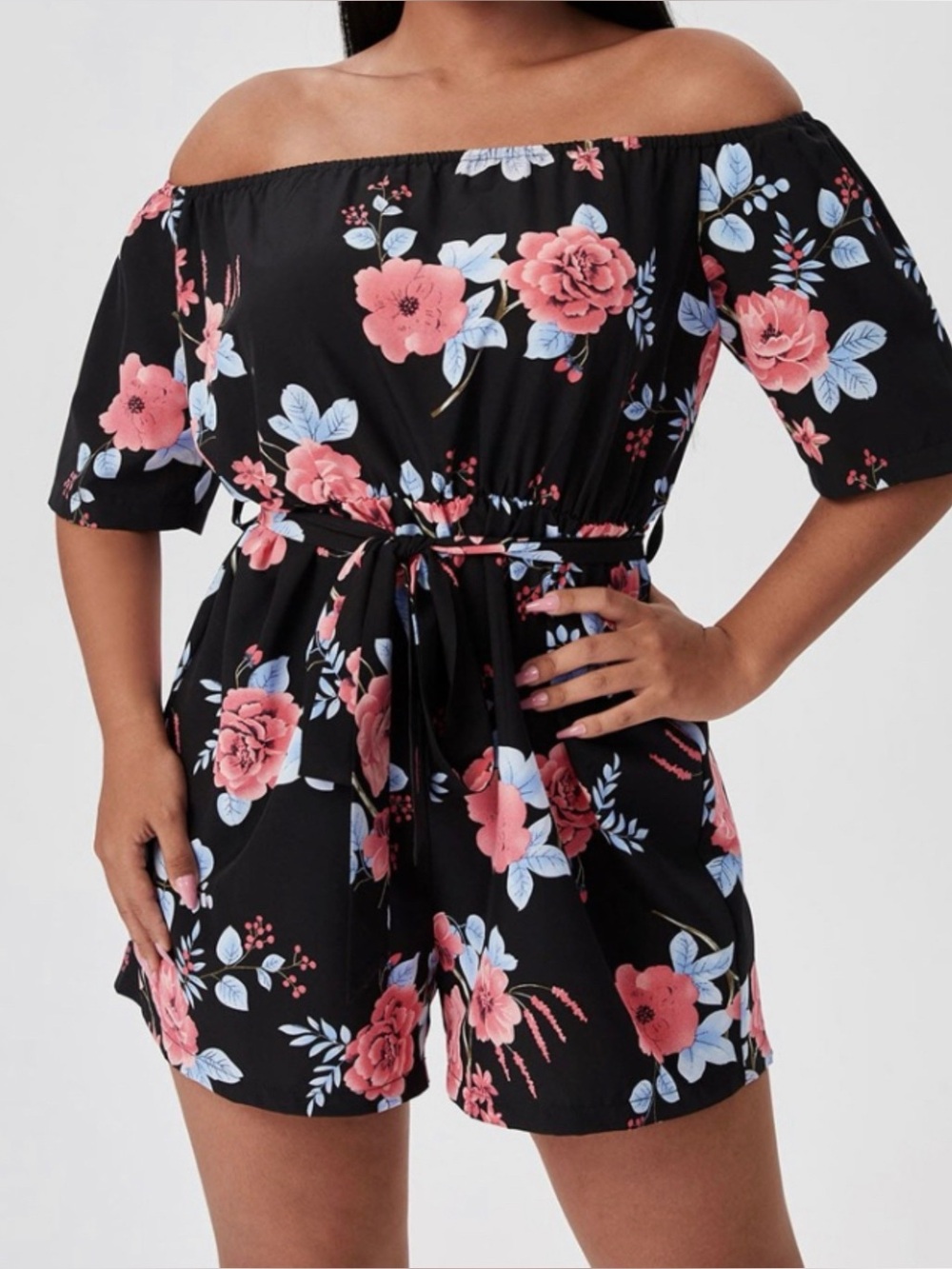 Off-Shoulder Black Floral Romper with Belt